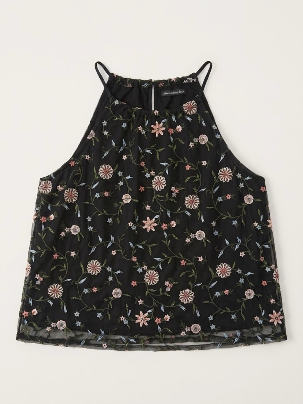 Abercrombie & Fitch Floral Embroidered Mesh High Neck Tank Top Size L